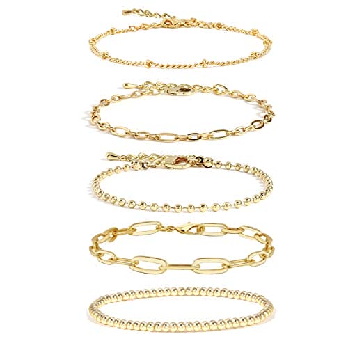 CONRAN KREMIX Gold Bracelet for Women Girls 14K Real Gold Jewelry Dainty Chain Link Paperclip Bracelets Stake Layered Metal Link Bracelet Set Fashion Jewelry For Women
