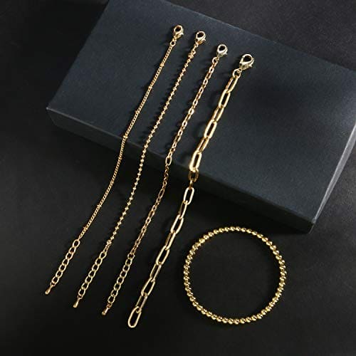 CONRAN KREMIX Gold Bracelet for Women Girls 14K Real Gold Jewelry Dainty Chain Link Paperclip Bracelets Stake Layered Metal Link Bracelet Set Fashion Jewelry For Women