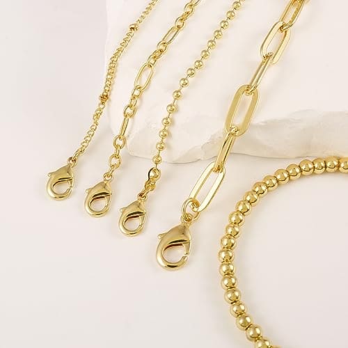 CONRAN KREMIX Gold Bracelet for Women Girls 14K Real Gold Jewelry Dainty Chain Link Paperclip Bracelets Stake Layered Metal Link Bracelet Set Fashion Jewelry For Women