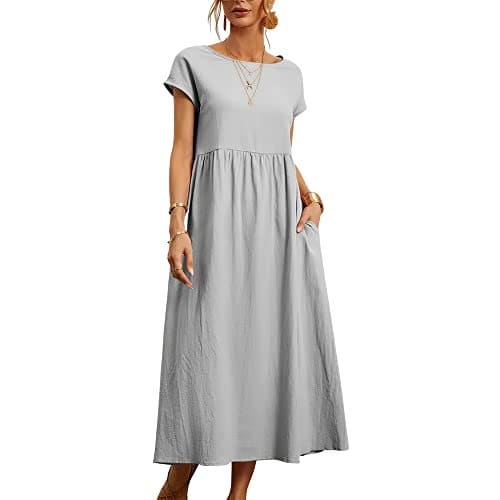 Akivide Women's Fall Cotton Linen Short Sleeve Dress Crew Neck Loose Casual Dresses with Pockets