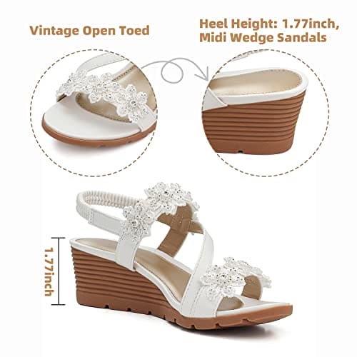 SHIBEVER Wedge Sandals for Women Bohemia Elastic Ankle Strap Sandals Open Toe Beautiful Flower Rhinestone Summer Platform Shoes White