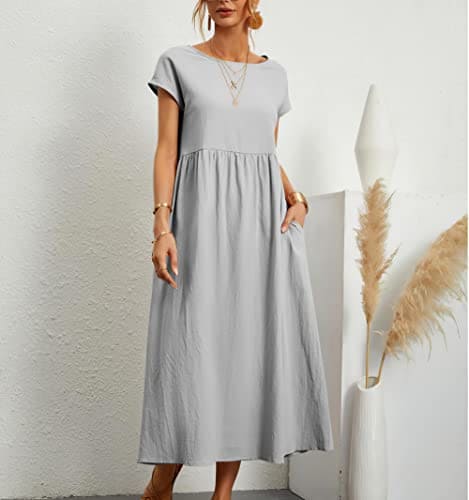 Akivide Women's Fall Cotton Linen Short Sleeve Dress Crew Neck Loose Casual Dresses with Pockets