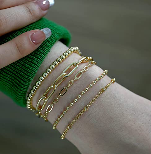 CONRAN KREMIX Gold Bracelet for Women Girls 14K Real Gold Jewelry Dainty Chain Link Paperclip Bracelets Stake Layered Metal Link Bracelet Set Fashion Jewelry For Women