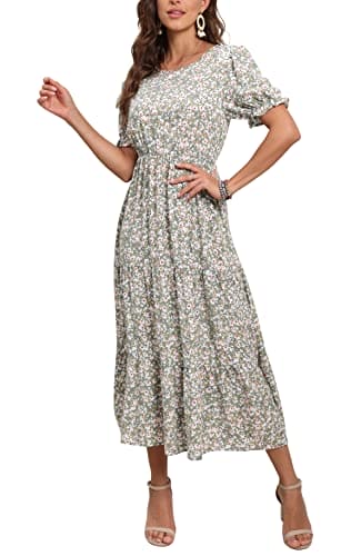 GRECERELLE Women Fall Casual Loose Crew Neck Boho, Floral Print Ruffle Puff Sleeve, High Waist Dress