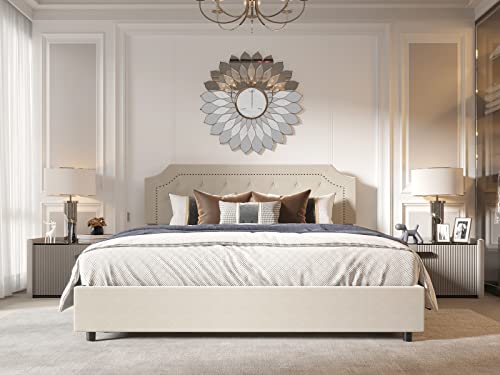 Queen Size Bed Frame Upholstered Low Profile Traditional Platform with Tufted and Nail Headboard/No Box Spring Needed/No Bed Skirt Needed/Linen Fabric Upholstery (Beige Queen Size) 4 drawers