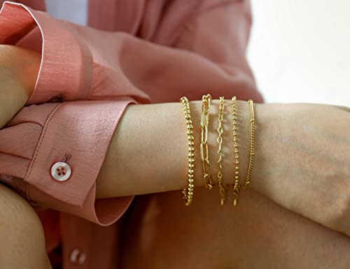 CONRAN KREMIX Gold Bracelet for Women Girls 14K Real Gold Jewelry Dainty Chain Link Paperclip Bracelets Stake Layered Metal Link Bracelet Set Fashion Jewelry For Women