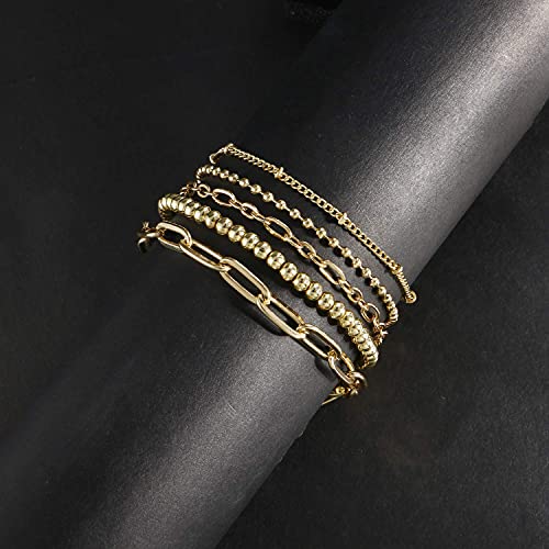 CONRAN KREMIX Gold Bracelet for Women Girls 14K Real Gold Jewelry Dainty Chain Link Paperclip Bracelets Stake Layered Metal Link Bracelet Set Fashion Jewelry For Women