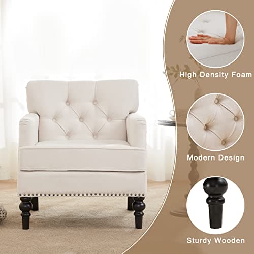 Iroomy Linen Accent Chairs for Living Room, Mid Century Modern Armchair with Thick Cushion and Wood Frame, Comfy Reading Sofa Chair for Bedroom, Solid Wood FrameBeige