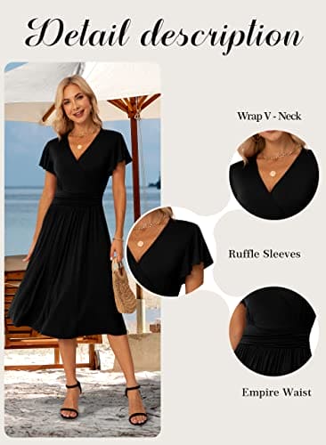 GRECERELLE Fall Autumn Dress for Women, Casual Short Sleeve Black Dresses, Wrap V-Neck Party Dress