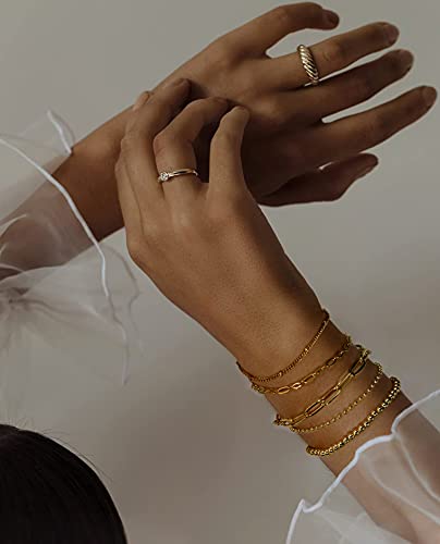 CONRAN KREMIX Gold Bracelet for Women Girls 14K Real Gold Jewelry Dainty Chain Link Paperclip Bracelets Stake Layered Metal Link Bracelet Set Fashion Jewelry For Women