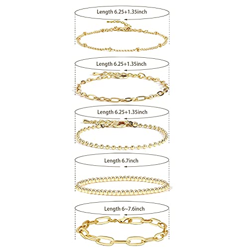 CONRAN KREMIX Gold Bracelet for Women Girls 14K Real Gold Jewelry Dainty Chain Link Paperclip Bracelets Stake Layered Metal Link Bracelet Set Fashion Jewelry For Women