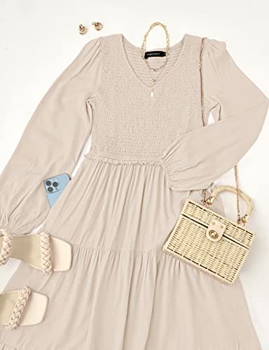 MEROKEETY Women's Long Sleeve Smocked Fall Dress, V Neck Long Puff Sleeve Dress with Pockets
