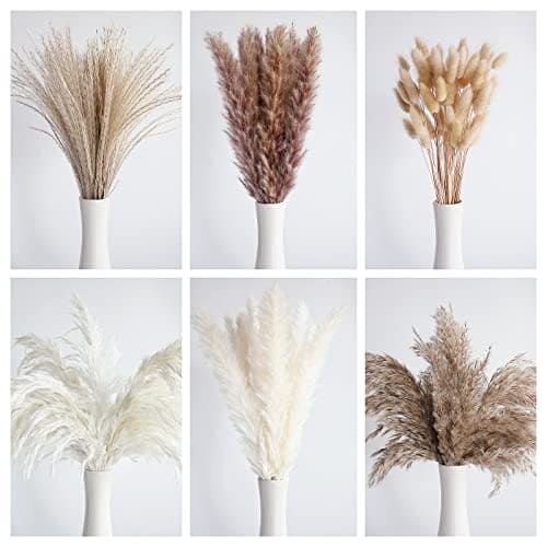 110 PCS Dried Pampas Grass Bouquet, Boho Table Home Decor, Bunny Tails Dried Flowers, Brown Pompas, White Pampas Grass for Wedding, Home, Rustic Party, Baby Shower Decorations