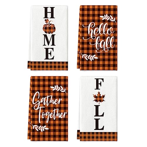 Artoid Mode Buffalo Plaid Pumpkin Home Maple Leaf Fall Kitchen Towels Dish Towels, 18 x 26 Inch Harvest Thanksgiving Towels for Cooking Baking Set of 4