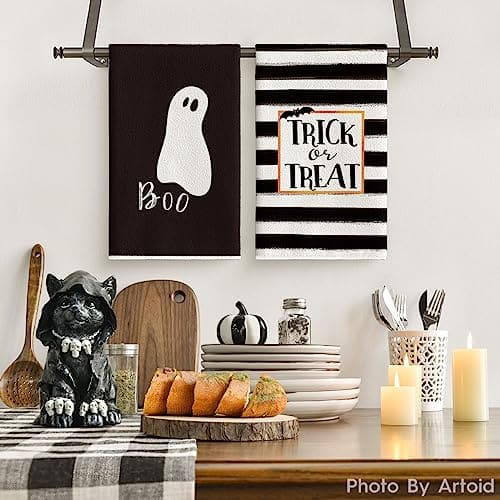 Artoid Mode Stripes Trick or Treat Ghost Halloween Kitchen Towels Dish Towels, 18 x 26 Inch Boo Holiday Drying Cloth Hand Towels for Cooking Baking Set of 2