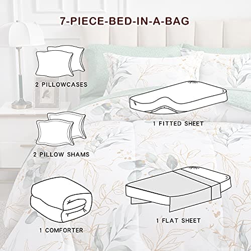 Joyreap 7 Piece Bed in a Bag Queen, Green Leaves Printed on White Botanical Design, Microfiber Comforter (1 Comforter, 2 Pillow Shams, 1 Flat Sheet, 1 Fitted Sheet, 2 Pillowcases)