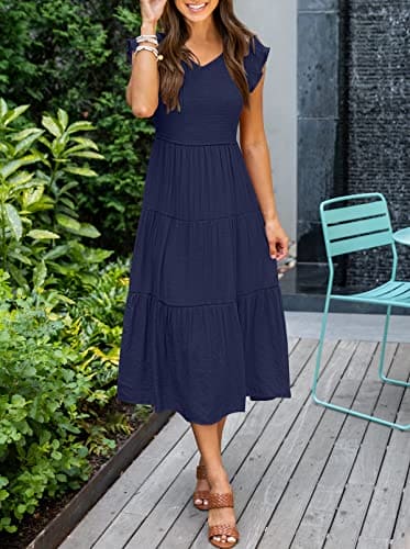 MEROKEETY Women's Casual Ruffle Midi Dress V Neck Flowy Long Sun Dress