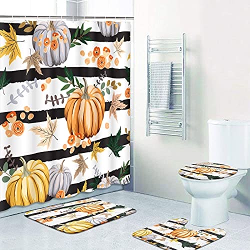 ArtSocket 4 Pcs Shower Curtain Set Fall Stripe Pumpkin Autumn Red Maple Leaves with Non-Slip Rug Bathroom Toilet Seat Cover and Bath Mat Decor Set 72" x 72"