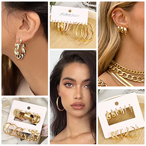 42 Pairs Gold Hoop Earrings Set for Women, Fashion Chunky Pearl Earrings Multipack Twisted Statement Earring Pack, Hypoallergenic Small Big Hoops Earrings for Birthday Party (gold A)