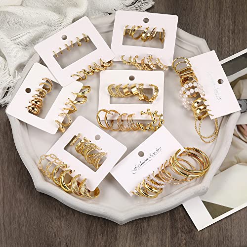 42 Pairs Gold Hoop Earrings Set for Women, Fashion Chunky Pearl Earrings Multipack Twisted Statement Earring Pack, Hypoallergenic Small Big Hoops Earrings for Birthday Party (gold A)