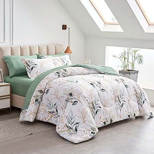 Joyreap 7 Piece Bed in a Bag Queen, Green Leaves Printed on White Botanical Design, Microfiber Comforter (1 Comforter, 2 Pillow Shams, 1 Flat Sheet, 1 Fitted Sheet, 2 Pillowcases)