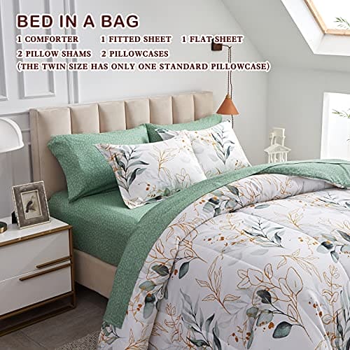 Joyreap 7 Piece Bed in a Bag Queen, Green Leaves Printed on White Botanical Design, Microfiber Comforter (1 Comforter, 2 Pillow Shams, 1 Flat Sheet, 1 Fitted Sheet, 2 Pillowcases)