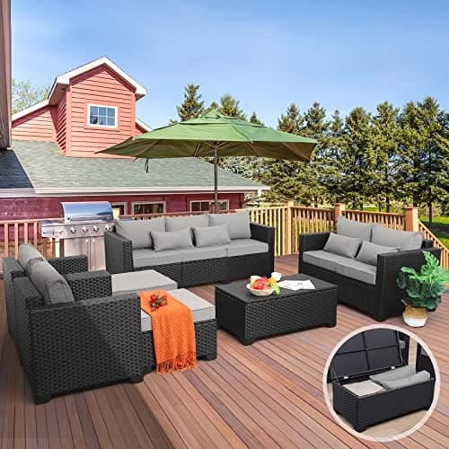 Rattaner Patio Furniture Sets 7 Pieces Outdoor Furniture Sectional Patio Couches Set Storage Table No-Slip Grey Cushions and Waterproof Covers