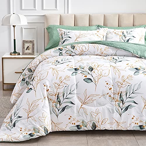 Joyreap 7 Piece Bed in a Bag Queen, Green Leaves Printed on White Botanical Design, Microfiber Comforter (1 Comforter, 2 Pillow Shams, 1 Flat Sheet, 1 Fitted Sheet, 2 Pillowcases)