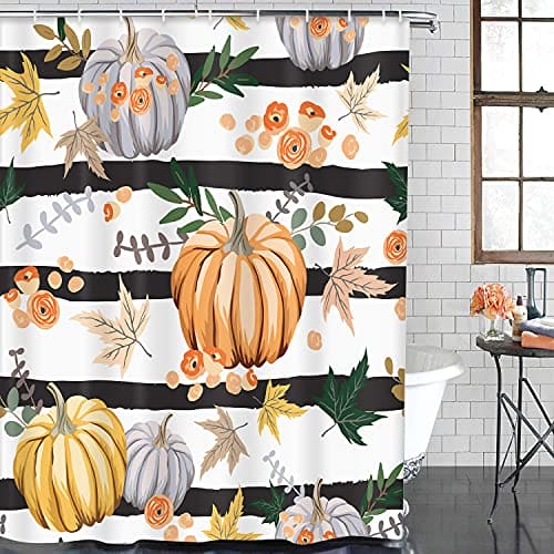 ArtSocket 4 Pcs Shower Curtain Set Fall Stripe Pumpkin Autumn Red Maple Leaves with Non-Slip Rug Bathroom Toilet Seat Cover and Bath Mat Decor Set 72" x 72"