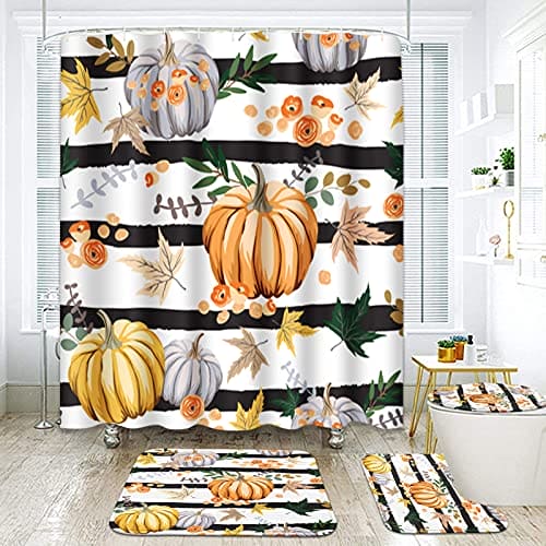 ArtSocket 4 Pcs Shower Curtain Set Fall Stripe Pumpkin Autumn Red Maple Leaves with Non-Slip Rug Bathroom Toilet Seat Cover and Bath Mat Decor Set 72" x 72"