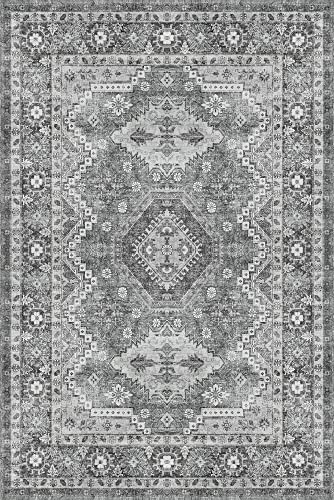 Rugland 8x10 Area Rugs - Stain Resistant Washable Rug, Anti Slip Backing for Living Room, Boho Vintage Tribal Ultra Soft and Smooth(TPR07-Grey, 8'x10')