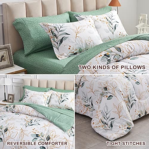 Joyreap 7 Piece Bed in a Bag Queen, Green Leaves Printed on White Botanical Design, Microfiber Comforter (1 Comforter, 2 Pillow Shams, 1 Flat Sheet, 1 Fitted Sheet, 2 Pillowcases)