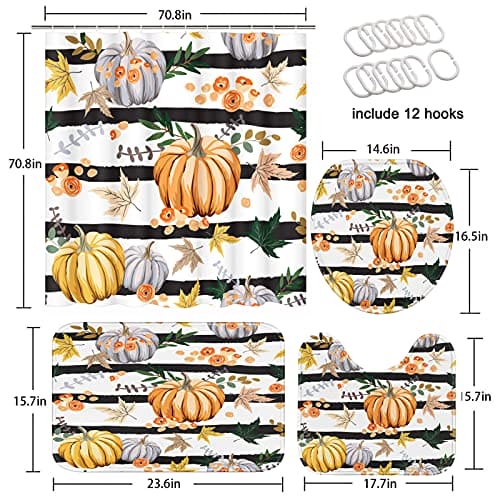 ArtSocket 4 Pcs Shower Curtain Set Fall Stripe Pumpkin Autumn Red Maple Leaves with Non-Slip Rug Bathroom Toilet Seat Cover and Bath Mat Decor Set 72" x 72"