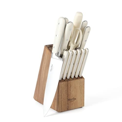 MARTHA STEWART Eastwalk 14 Piece High Carbon Stainless Steel Cutlery Knife Block Set w/ABS Triple Riveted Forged Ergonomic Handles Acacia Wood Block - Linen White