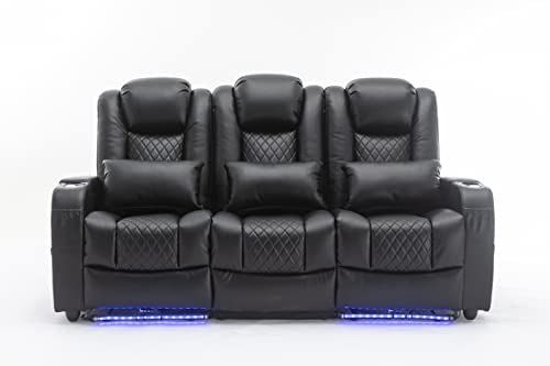 Home Theater Seating Seats, Movie Theater Chairs Theater Recliner with LED Ambient Lighting, Lumbar Pillow, Touch Reading Lights, Tray Table, Power Recline, with Center Drop Down Console, Black