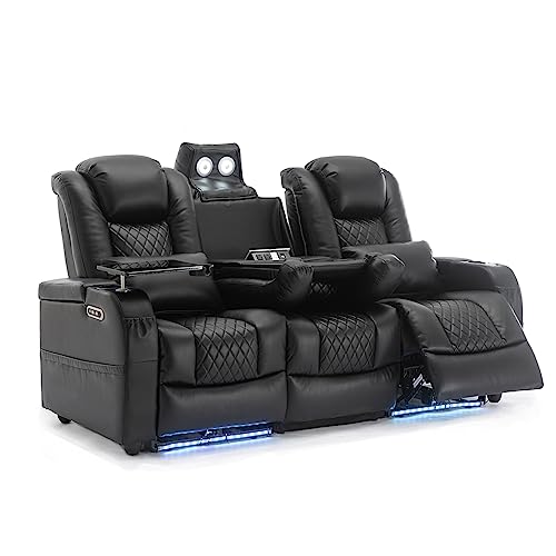 Home Theater Seating Seats, Movie Theater Chairs Theater Recliner with LED Ambient Lighting, Lumbar Pillow, Touch Reading Lights, Tray Table, Power Recline, with Center Drop Down Console, Black