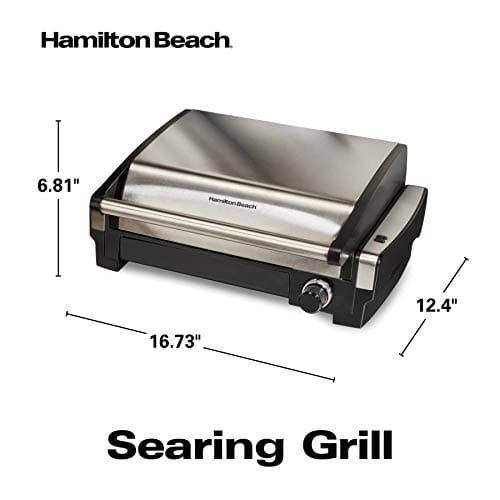 Hamilton Beach Electric Indoor Searing Grill with Adjustable Temperature Control to 450F, Removable Nonstick Grate, 118 sq. in. Stainless Steel Easy Cleaning