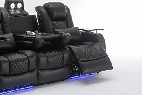 Home Theater Seating Seats, Movie Theater Chairs Theater Recliner with LED Ambient Lighting, Lumbar Pillow, Touch Reading Lights, Tray Table, Power Recline, with Center Drop Down Console, Black