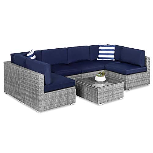 Best Choice Products 7-Piece Modular Outdoor Sectional Wicker Patio Furniture Set w/ 6 Chairs, 2 Pillows, Seat Clips, Coffee Table, Cover Included - Gray/Navy