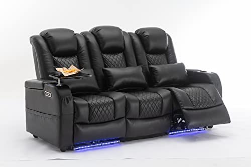 Home Theater Seating Seats, Movie Theater Chairs Theater Recliner with LED Ambient Lighting, Lumbar Pillow, Touch Reading Lights, Tray Table, Power Recline, with Center Drop Down Console, Black