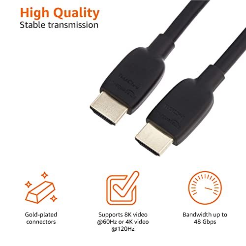 Amazon Basics HDMI Cable, 48Gbps High-Speed, 8K@60Hz, 4K@120Hz, Gold-Plated Plugs, Ethernet, 3 Foot, Black