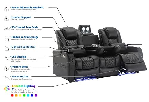 Home Theater Seating Seats, Movie Theater Chairs Theater Recliner with LED Ambient Lighting, Lumbar Pillow, Touch Reading Lights, Tray Table, Power Recline, with Center Drop Down Console, Black