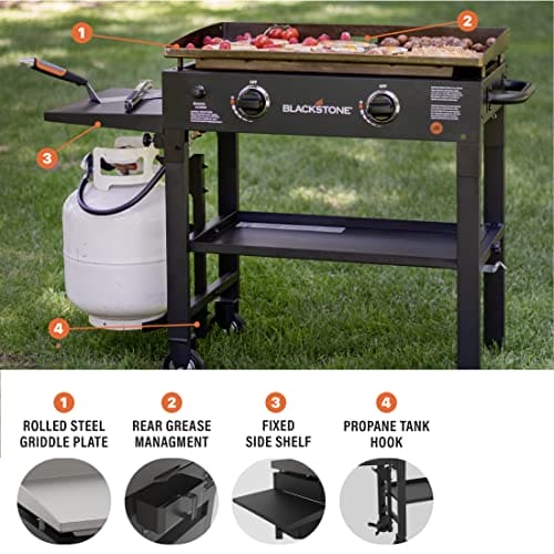 Blackstone Flat Top Gas Grill Griddle 2 Burner Propane Fuelled Rear Grease Management System, 1517, for Camping, 28 inch