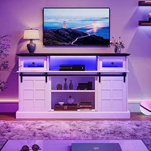 LGHM 58" LED TV Stand, White TV Stand for 65 inch TVs, Entertainment Center TV Cabinet Stands with Flip Drawers, Farmhouse Sliding Barn Door  with Media Console Table, Bedroom or Living Room