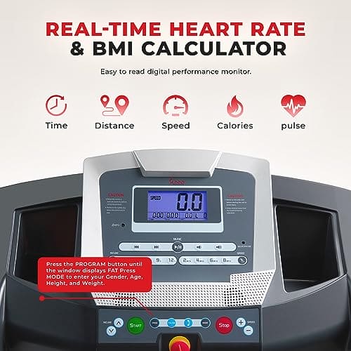 Sunny Health & Fitness Performance Treadmill with Auto Incline, Bluetooth, Dedicated Speed Buttons, Double Deck Technology, Digital Performance Display with BMI Calculator and Pulse Sensors - SF-T7515