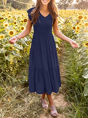 MEROKEETY Women's Casual Ruffle Midi Dress V Neck Flowy Long Sun Dress