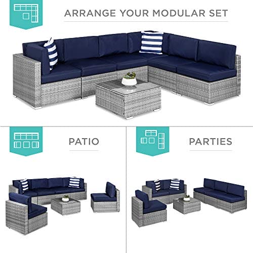 Best Choice Products 7-Piece Modular Outdoor Sectional Wicker Patio Furniture Set w/ 6 Chairs, 2 Pillows, Seat Clips, Coffee Table, Cover Included - Gray/Navy