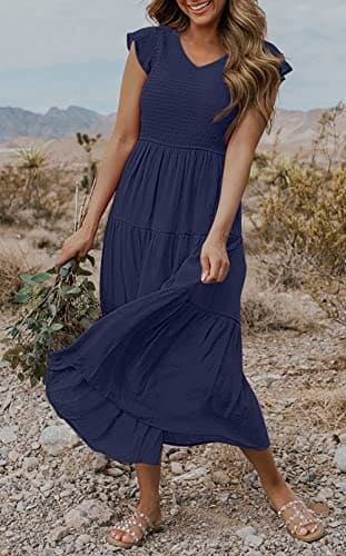 MEROKEETY Women's Casual Ruffle Midi Dress V Neck Flowy Long Sun Dress