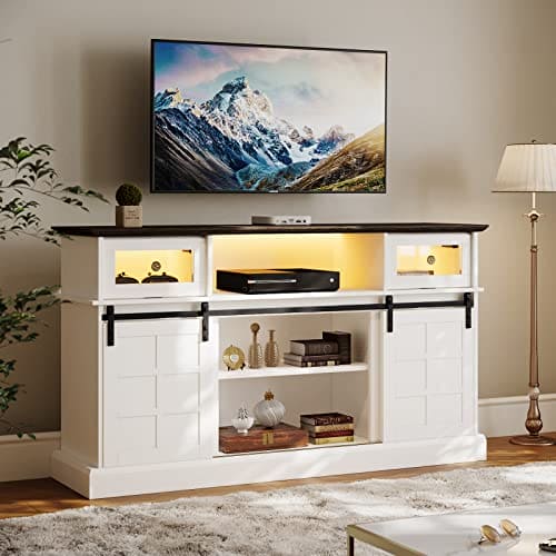 LGHM 58" LED TV Stand, White TV Stand for 65 inch TVs, Entertainment Center TV Cabinet Stands with Flip Drawers, Farmhouse Sliding Barn Door  with Media Console Table, Bedroom or Living Room