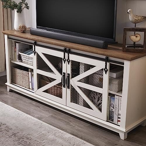 OKD Farmhouse TV Stand for 75 Inch TV, Industrial & Farmhouse Media Entertainment Center w/Sliding Barn Door, Rustic Console Cabinet w/Adjustable Shelves, Antique White